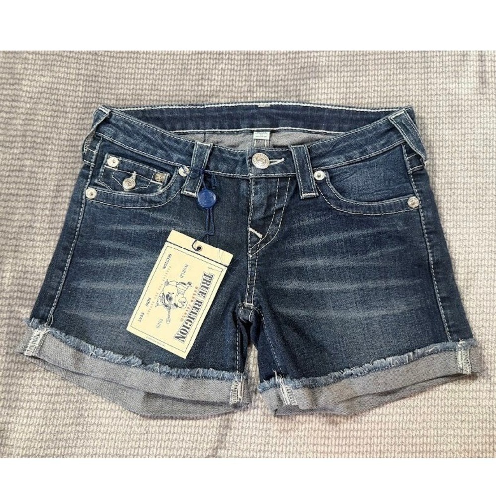 True Religion Joey Cut-Off Denim Shorts Dark Wash White Stitching 25X4 NWT